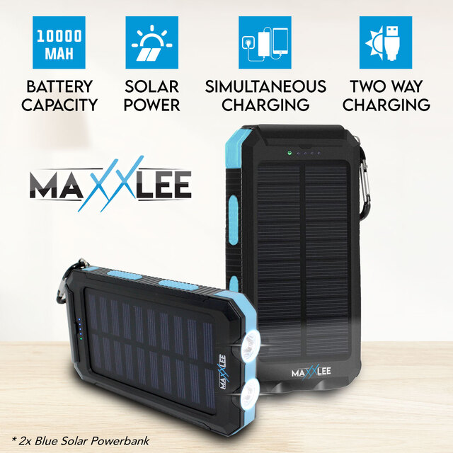 Maxxlee 2x BLUE 10000mAh Solar Power Bank Dual USB Battery Charger Portable Torch Light Compass