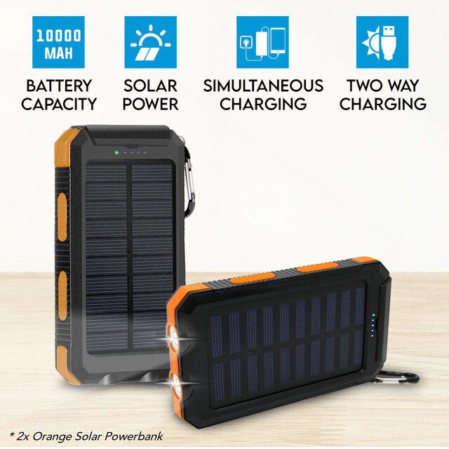 Maxxlee 2x ORANGE 10000mAh Solar Power Bank Dual USB Battery Charger Portable Torch Light Compass