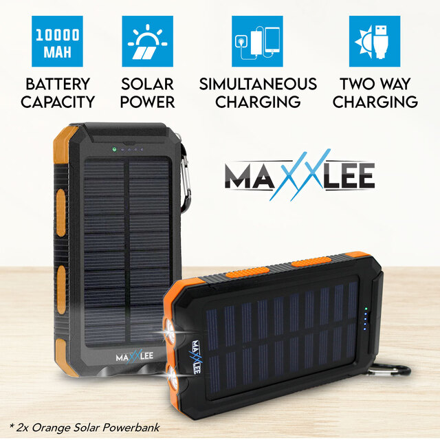 Maxxlee 2x ORANGE 10000mAh Solar Power Bank Dual USB Battery Charger Portable Torch Light Compass
