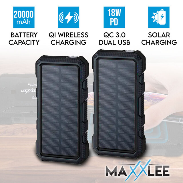 Maxxlee 2x BLACK 20000mAh Qi Wireless Charger Solar Power Bank 18W PD Type C QC3.0 Dual USB Fast Charging