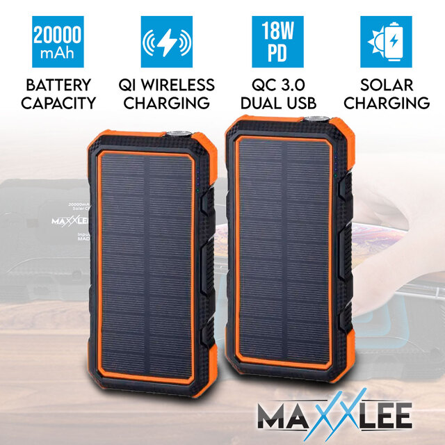 Maxxlee 2x ORANGE 20000mAh Qi Wireless Charger Solar Power Bank 18W PD Type C QC3.0 Dual USB Fast Charging