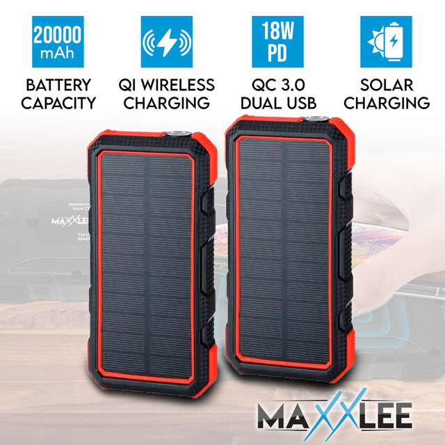 Maxxlee 2x RED 20000mAh Qi Wireless Charger Solar Power Bank 18W PD Type C QC3.0 Dual USB Fast Charging
