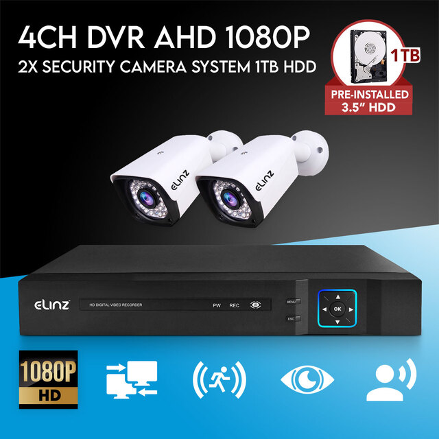 Elinz 4CH DVR AHD 1080P HD CCTV 2x Outdoor Bullet Security Camera System Surveillance Video & Audio Recording 1TB HDD