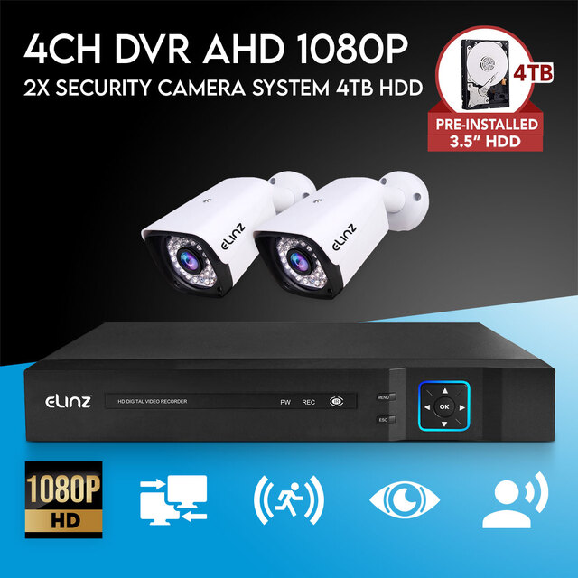Elinz 4CH AHD 1080P HD Video & Audio Recording CCTV Surveillance DVR 2x Outdoor Bullet Security Camera System 4TB HDD