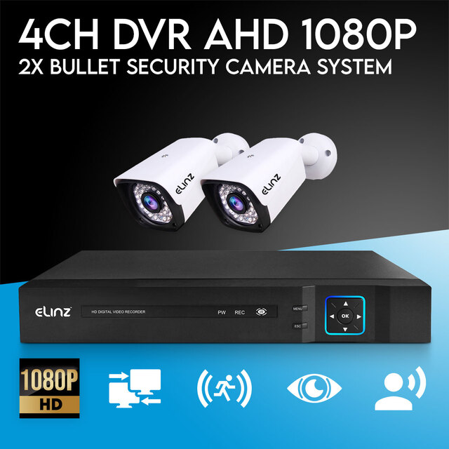 Elinz 4CH DVR AHD 1080P HD CCTV 2x Outdoor Bullet Security Camera System Surveillance Video & Audio Recording No HDD