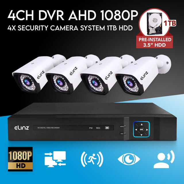 Elinz 4CH AHD 1080P HD Video & Audio Recording CCTV Surveillance DVR 4x Outdoor Bullet Security Camera System 1TB HDD