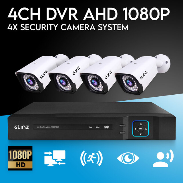 Elinz 4CH AHD 1080P HD Video & Audio Recording CCTV Surveillance DVR 4x Outdoor Bullet Security Camera System No HDD