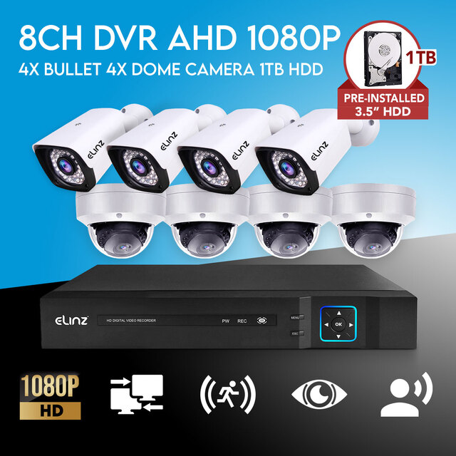 Elinz 8CH AHD 1080P HD Video & Audio Recording CCTV Surveillance DVR 4x Outdoor Bullet 4x Vandal-proof Dome Security Camera System 1TB HDD