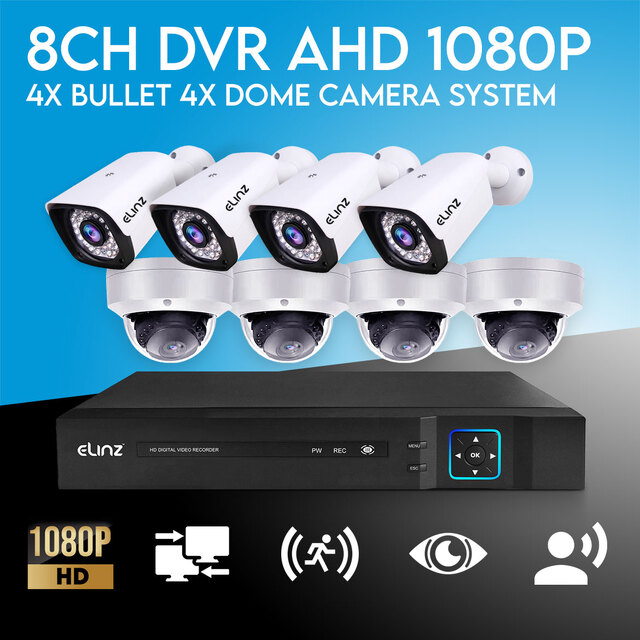 Elinz 8CH AHD 1080P HD Video & Audio Recording CCTV Surveillance DVR 4x Outdoor Bullet 4x Vandal-proof Dome Security Camera System No HDD
