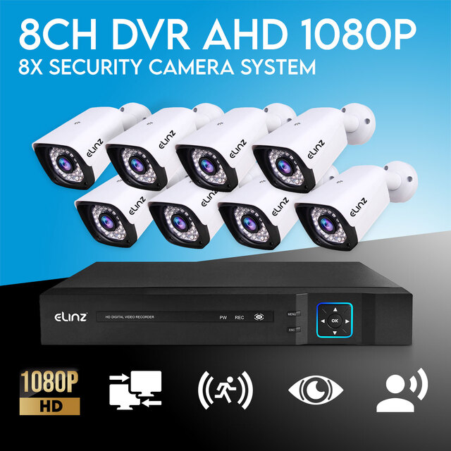 Elinz 8CH AHD 1080P HD Video & Audio Recording CCTV Surveillance DVR 8x Outdoor Bullet Security Camera System No HDD