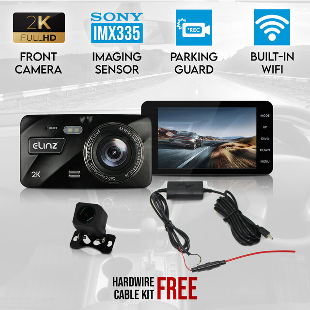 Elinz 2K Dash Cam Dual Camera Reversing 1080P Rear Car DVR Recorder Video 170° WiFi 4.0 Touch Screen