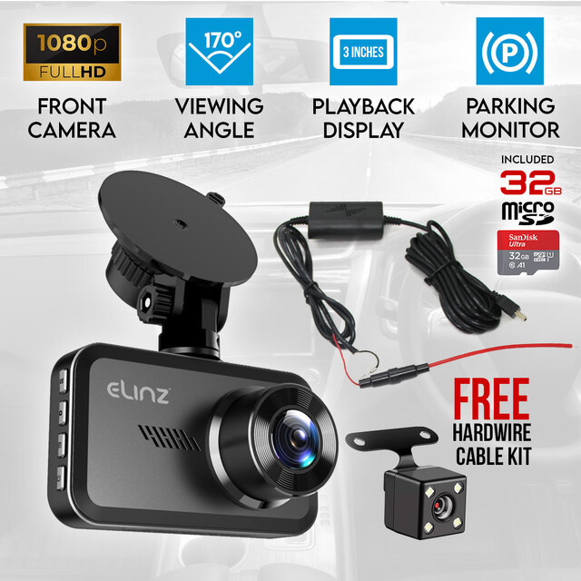 Elinz Car Dash Camera 3" HD 1080P FHD DVR Recorder Front and Rear Dual Cam Free Hardwire Kit 32GB