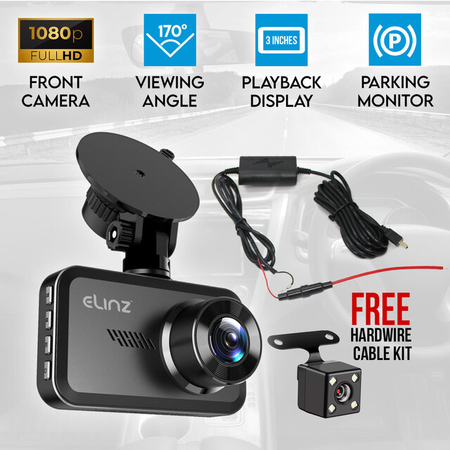 Elinz Car Dash Camera 3" HD 1080P FHD DVR Recorder Front Rear Dual Cam Hardwire Kit