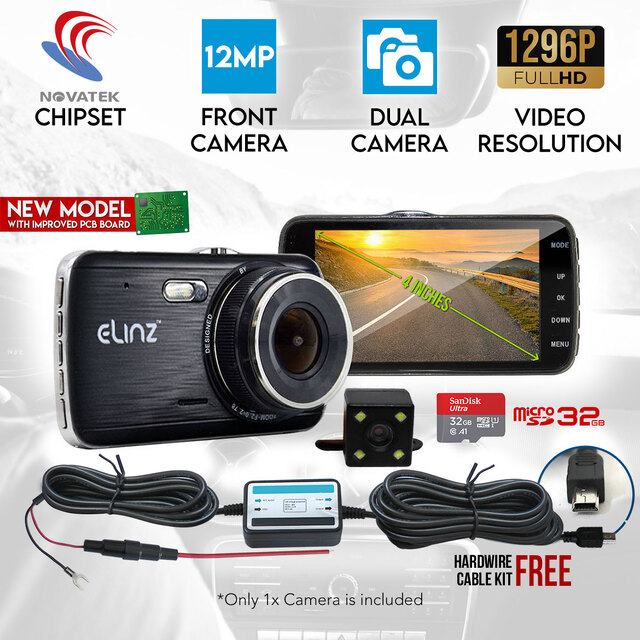 Elinz Dash Cam Dual Camera Reversing Recorder Car DVR Video FHD 1296P 4" LCD Hardwire Kit 32GB 