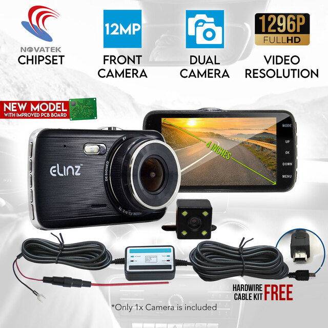 Elinz 4.0 LCD Dash Cam Dual Camera Reversing Recorder Car DVR Video FHD 1296P Hardwire Kit