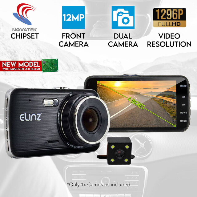 Elinz 4.0" LCD Car Dash Cam Dual Camera Reversing 1296P FHD DVR Video Recorder 170°