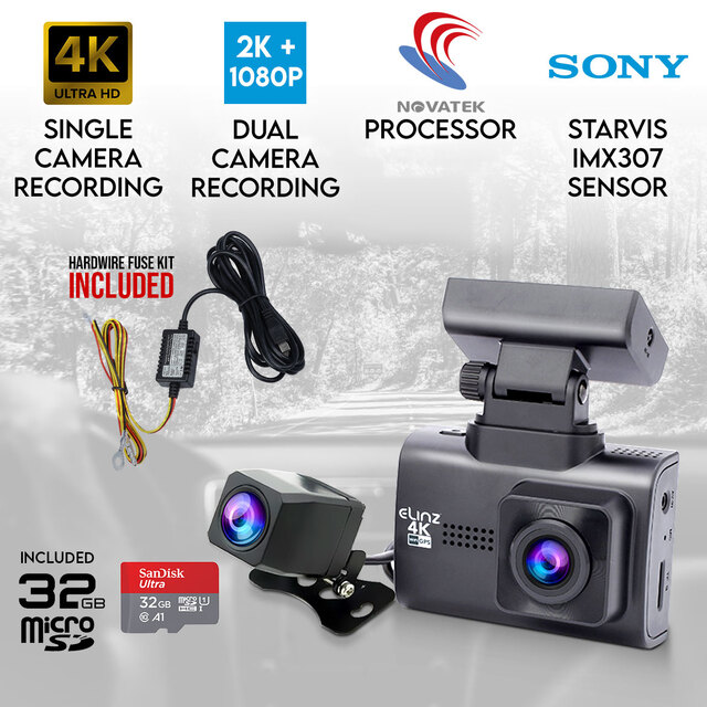 Elinz 4K 2K Dual Dash Cam WiFi GPS Car Camera Recorder WDR Night Vision Hardwire Fuse Kit 32GB