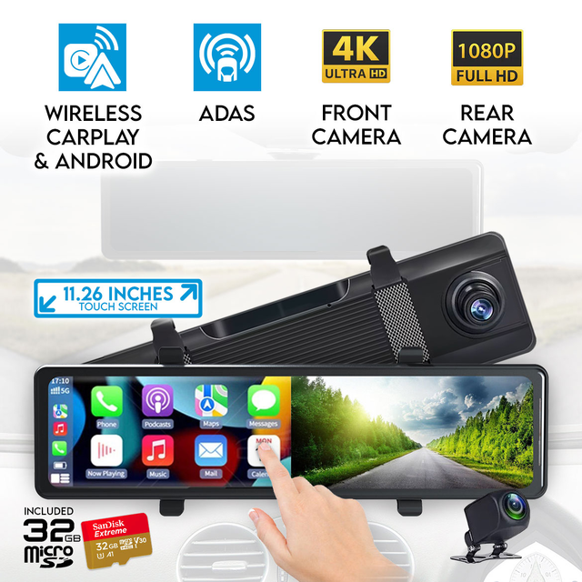 Elinz 11.26" Clip On Rear View Mirror Carplay & Android Auto Real 4K + 1080P Dual Dash Cam Camera WiFi ADAS Smart Driving Assistant Car DVR 32GB U3