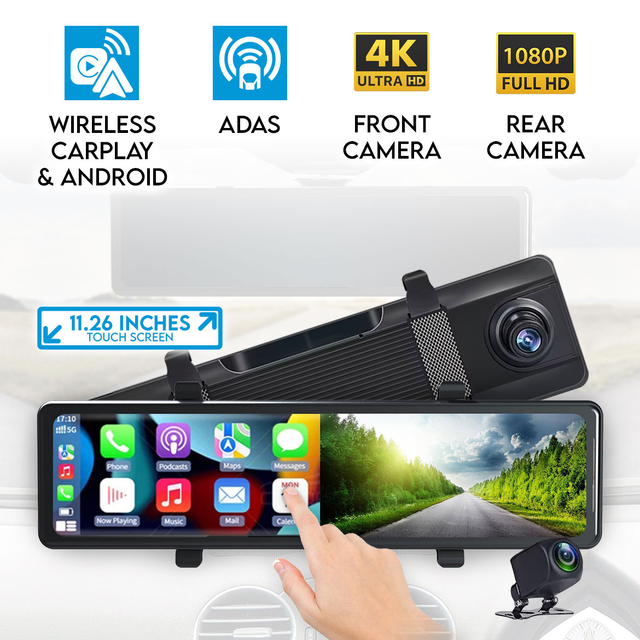 Elinz 11.26" Clip On Rear View Mirror Carplay & Android Auto Real 4K + 1080P Dual Dash Cam Camera WiFi ADAS Smart Driving Assistant Car DVR