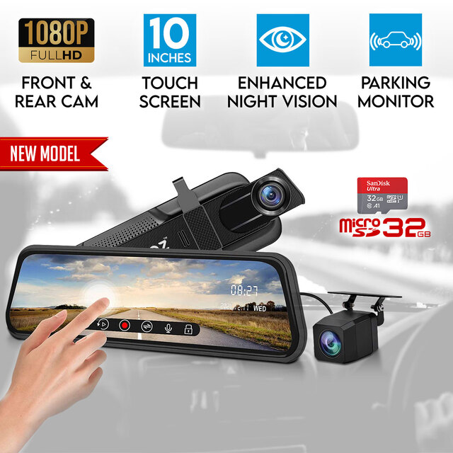 Elinz 10" Rearview Mirror 1080P Full Touch Screen Car Dual Dash Cam Reversing Camera Hardwire Kit 32GB