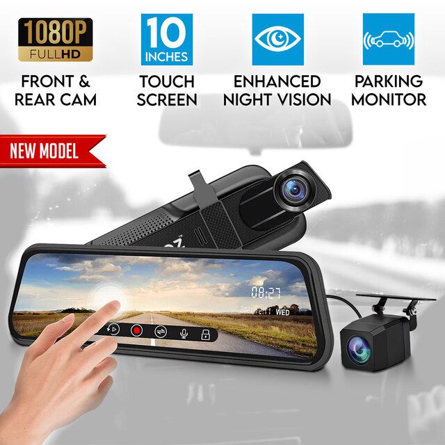 Elinz 10" Rearview Mirror 1080P Full Touch Screen Car Dual Dash Cam Reversing Camera Recorder Hardwire Kit