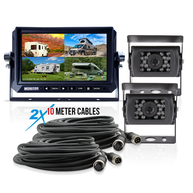 Elinz 7" 4 Channel DVR AHD Monitor 2x 1080P Reversing Camera Kit 10M Cable