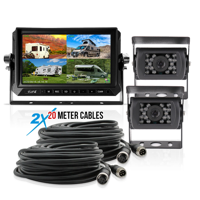 Elinz 7" 4 CH DVR AHD Monitor 2x 1080P Reversing Camera Kit 20M Cable