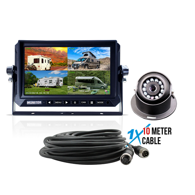 Elinz 7" AHD Quad Screen DVR Monitor 1080P Black Dome Reversing Camera 10M Cable