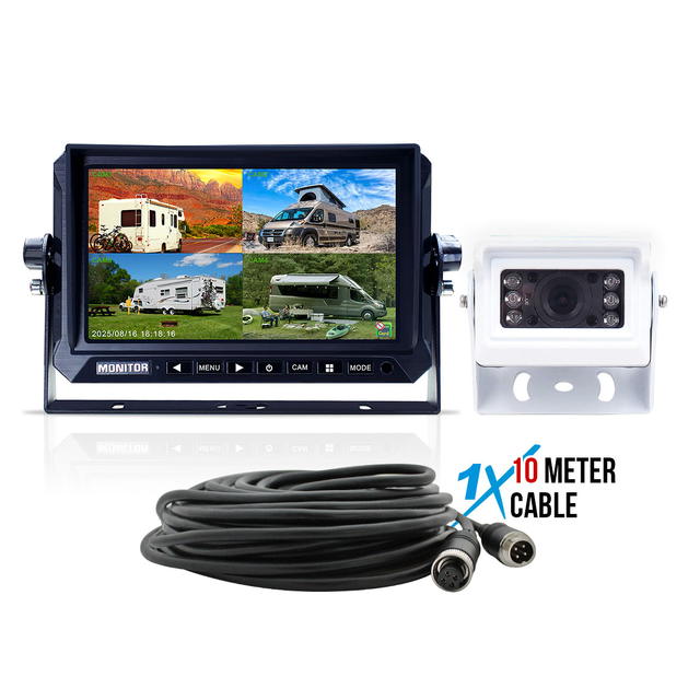 Elinz 7" AHD QuadScreen DVR Monitor Small Heavy Duty White 1080P Reversing Camera 10M Cable