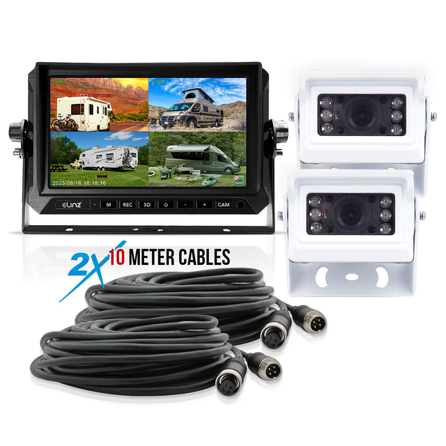 Elinz 7" AHD QuadScreen DVR Monitor 2x Small Heavy Duty White 1080P Reversing Camera 10M Cable