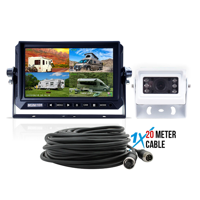 Elinz 7" AHD QuadScreen DVR Monitor Small Heavy Duty White 1080P Reversing Camera 20M Cable