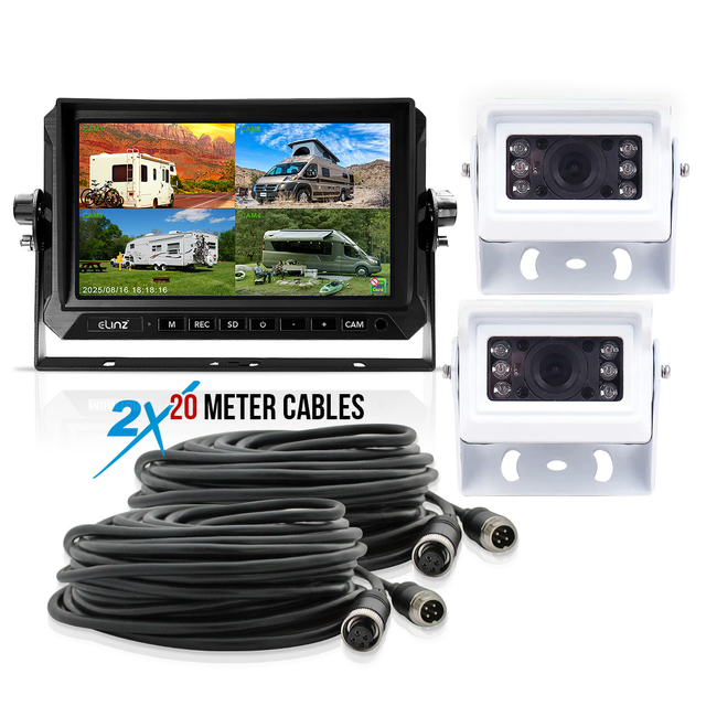 Elinz 7" AHD QuadScreen DVR Monitor 2x Small Heavy Duty White 1080P Reversing Camera 20M Cable