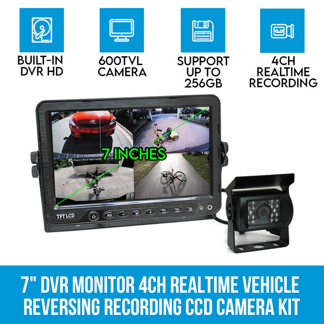 7" DVR Monitor 4CH Realtime Vehicle Reversing Recording CCD Camera Kit Truck Bus