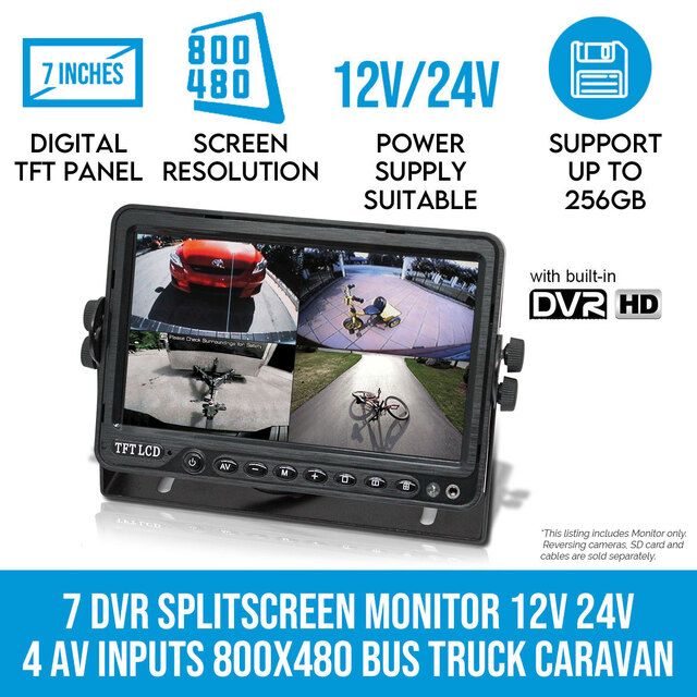 Elinz 7" DVR Splitscreen Monitor 12V 24V 4 AV Inputs 800x480 Bus Truck Caravan