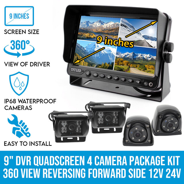 Elinz Quadscreen 9" DVR 4 Camera Package Kit 360 View Reversing Forward Side 12V 24V 800TVL