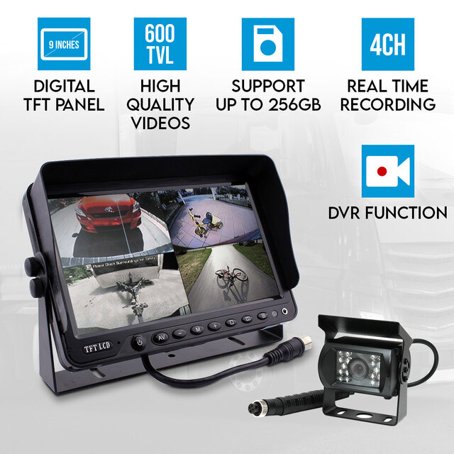 9" DVR Monitor 4CH Realtime Vehicle Reversing Recording CCD Camera Kit Truck Bus