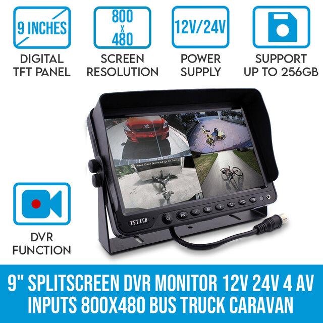 Elinz 9" Splitscreen DVR Monitor 12V 24V 4 AV Inputs 800x480 Bus Truck Caravan