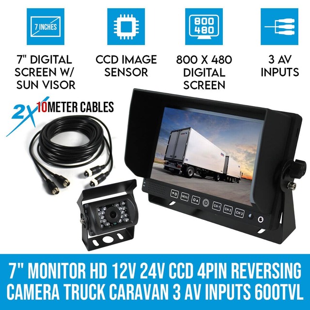 Elinz 7" Monitor HD 12V 24V CCD 4PIN Reversing Camera Truck Caravan 3 AV inputs 600TVL