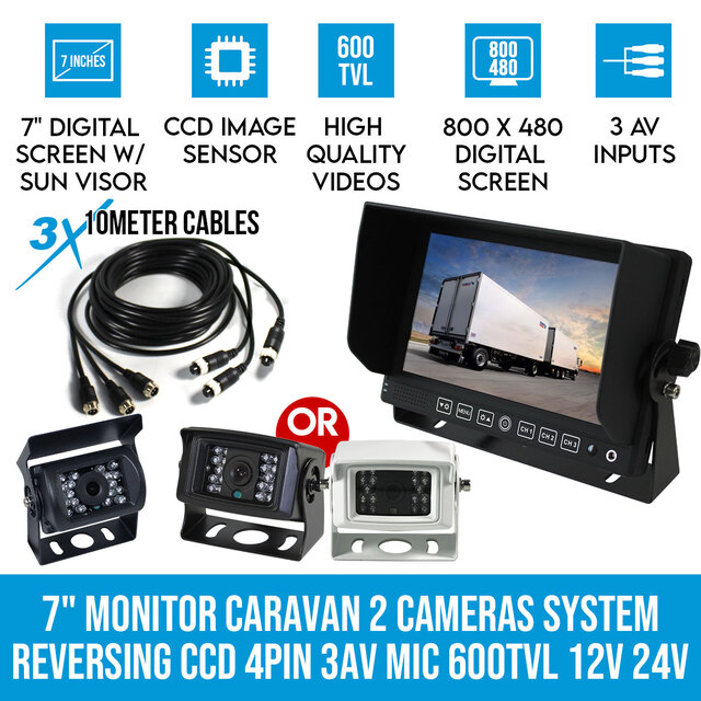 7" Monitor Caravan 2 Cameras System Reversing CCD 4PIN 3AV MIC 600TVL 12V 24V