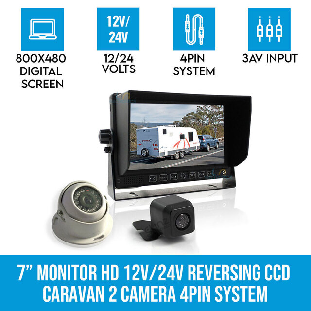 Elinz 7" Monitor HD 12V/24V Reversing CCD 2x TWO Camera 4PIN System 3AV Caravan Kit