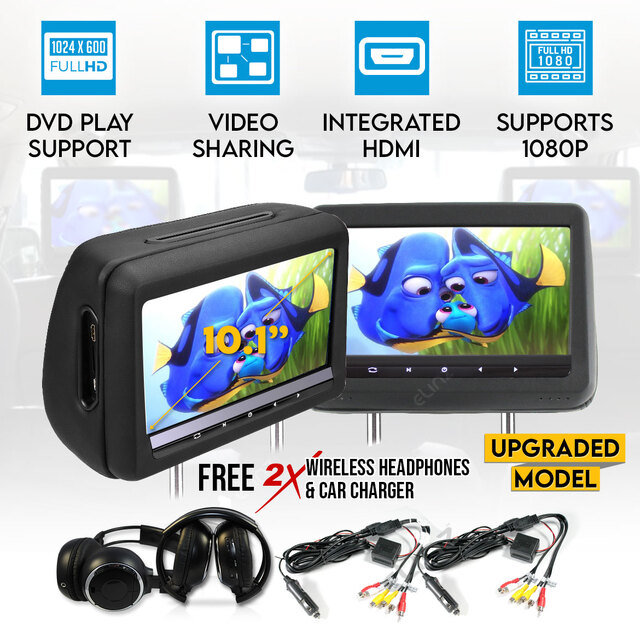 Elinz Headrest 2x 10.1" HD Car Monitor Pillow HDMI 1080P DVD Player 1024x600 IR FM SD USB 9"