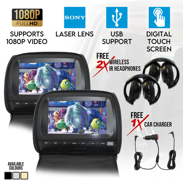 2x 9" Touch Screen Car Headrest DVD Player Monitor Pillow Games 1080P USB Sony Lens