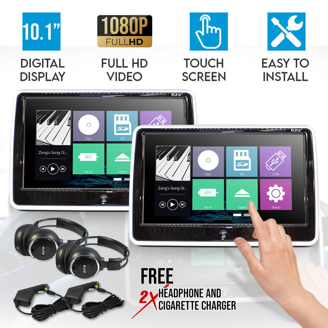 Elinz 2x 10.1" TFT Touch Screen Active Headrest Car DVD Player Slim Full HD 1080P Games