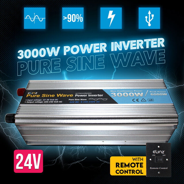 Elinz Pure Sine Wave Power Inverter 3000W/6000W 24V-240V Remote Control AUS Plug