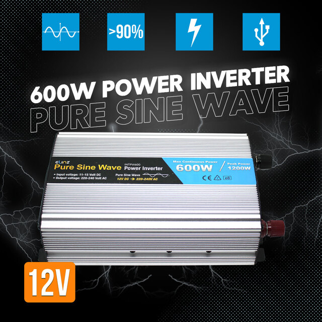 Elinz 600W/1200W Pure Sine Wave Power Inverter 12V-240V AUS Plug Car Boat Caravan