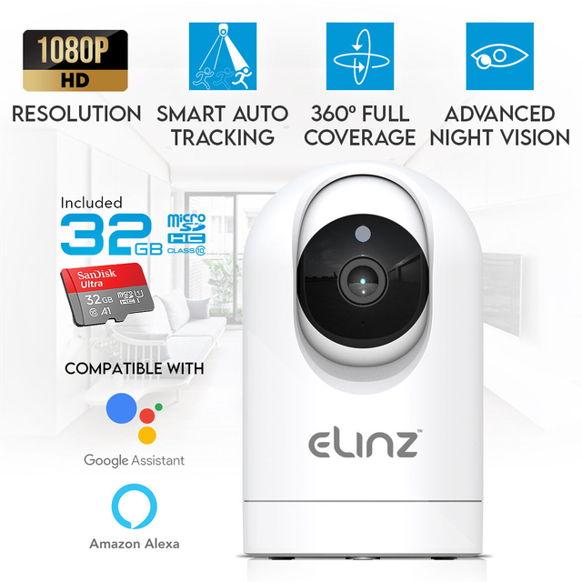 Elinz 1080P WiFi IP Auto Tracking Security Camera HD Wireless Pan Tilt CCTV Alexa Echo Google Home Compatible 32GB