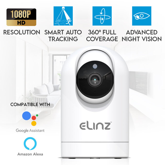 Elinz 1080P WiFi IP Auto Tracking Security Camera HD Wireless Pan Tilt CCTV Alexa Echo Google Home Compatible
