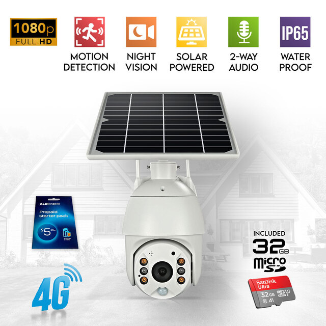 Elinz Wireless Solar Security 4G IP 1080P PTZ Outdoor Camera CCTV Built-in Battery Pan Tilt Digital Zoom 32GB ALDI Sim