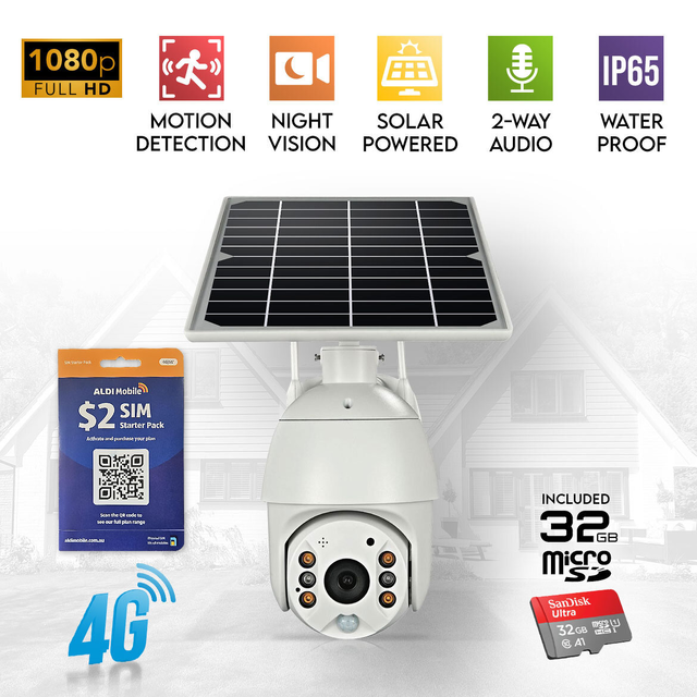 Elinz Wireless Solar Security 4G IP 1080P PTZ Outdoor Camera CCTV Built-in Battery Pan Tilt Digital Zoom 32GB ALDI Sim