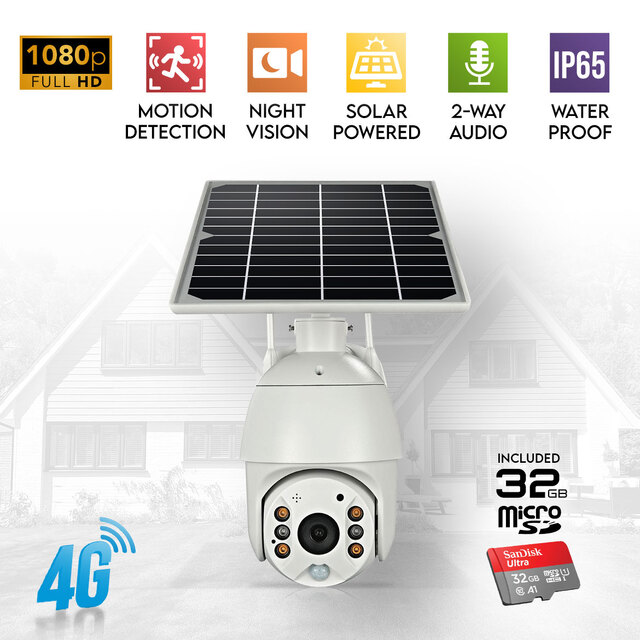 Elinz Wireless Solar Security 4G IP 1080P PTZ Outdoor Camera CCTV Waterproof Built-in Battery Pan Tilt Digital Zoom 32GB